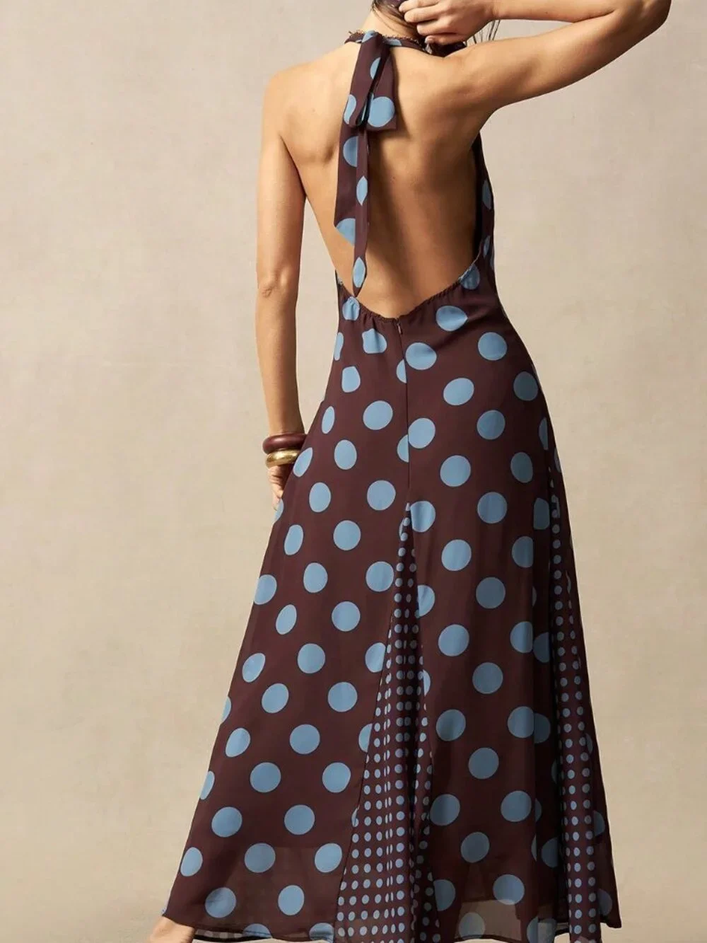Brown Boho Women's Backless Split Thigh Long Halter Dress